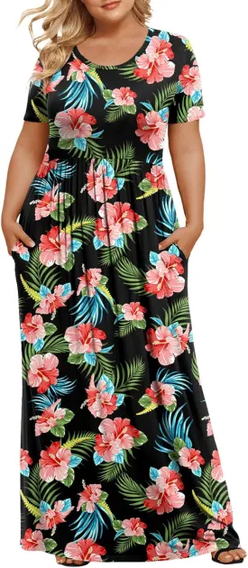 LONGYUAN Women's Plus Size Maxi Dresses for Curvy Women Summer Short Sleeve Casual 2025 Long Dress XL-6XL