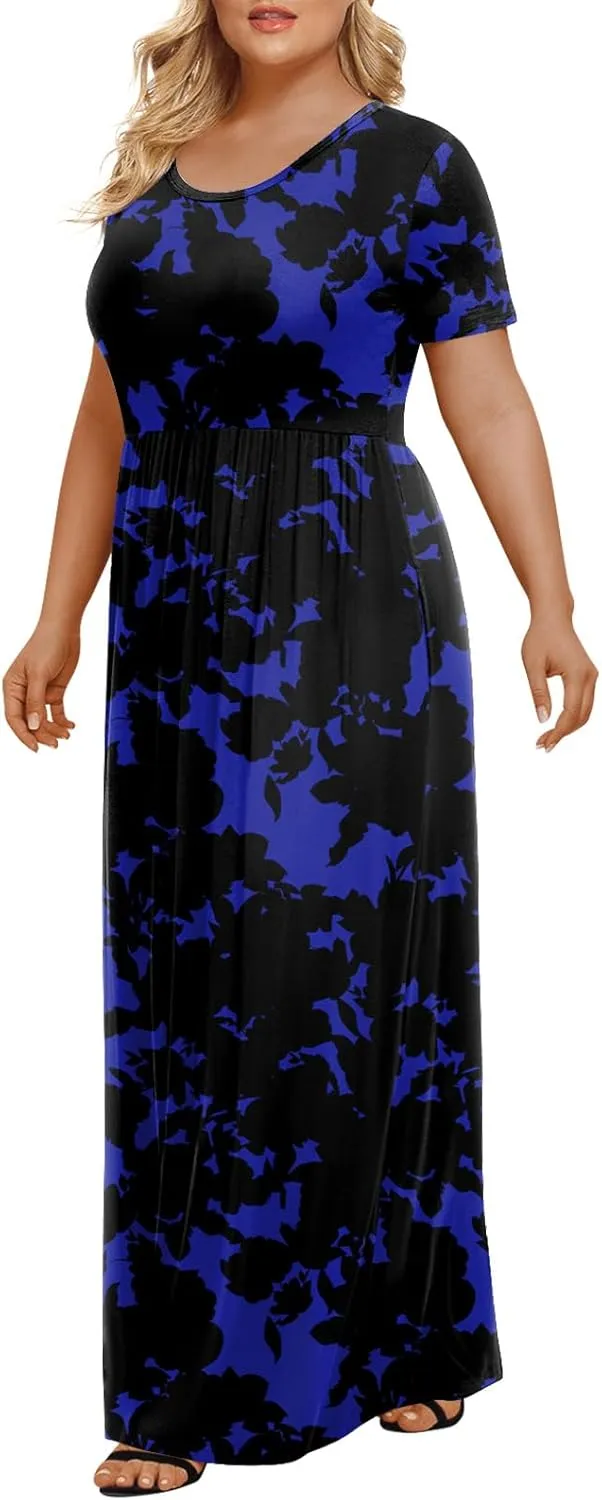 LONGYUAN Women's Plus Size Maxi Dresses for Curvy Women Summer Short Sleeve Casual 2025 Long Dress XL-6XL