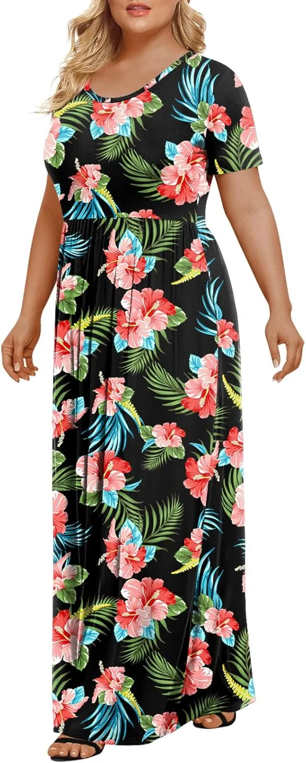 LONGYUAN Women's Plus Size Maxi Dresses for Curvy Women Summer Short Sleeve Casual 2025 Long Dress XL-6XL