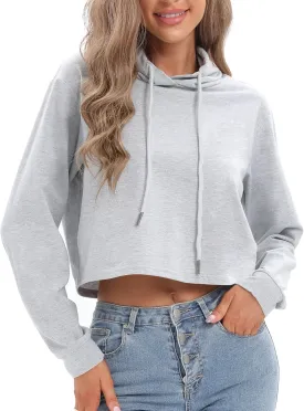 milanpavilion Women's Drawstring Cropped Hoodie Casual Plain Hoodies for Women Workout Crop Tops Sweatshirt Long Sleeve