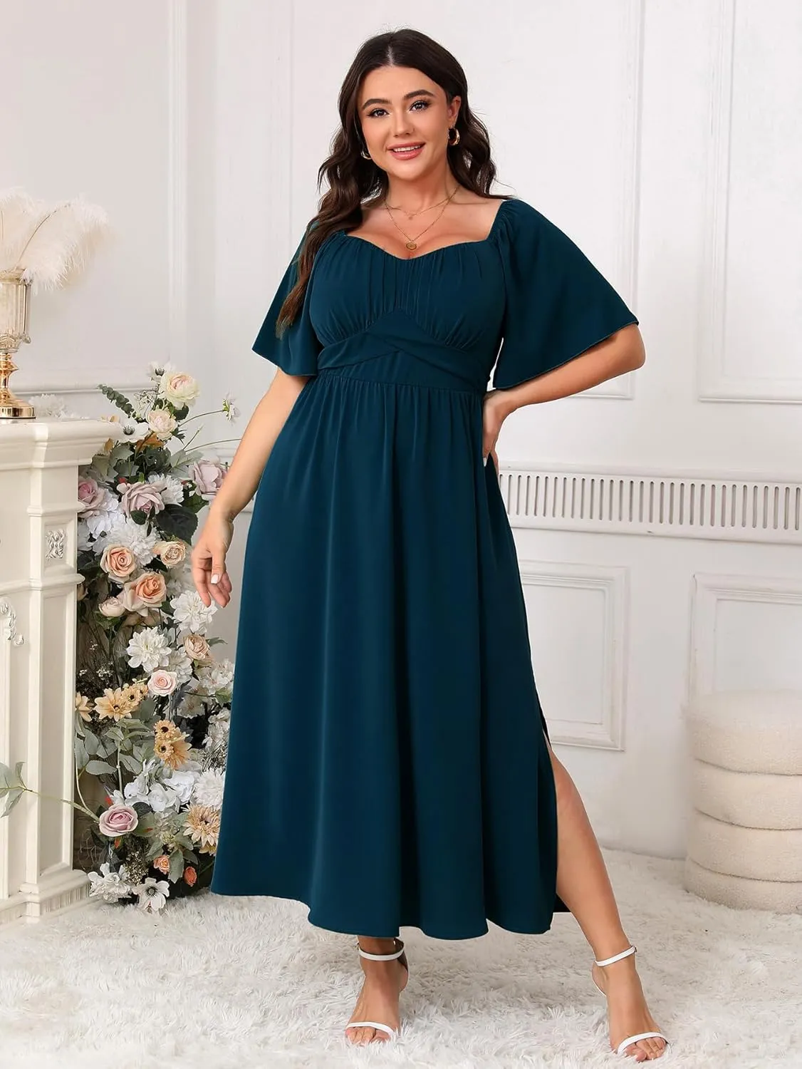 Plus Size Dress Wedding Guest Semi Formal Ruffle Short Sleeve Sweetheart Neckline Slit A Line Flowy Maxi Dresses