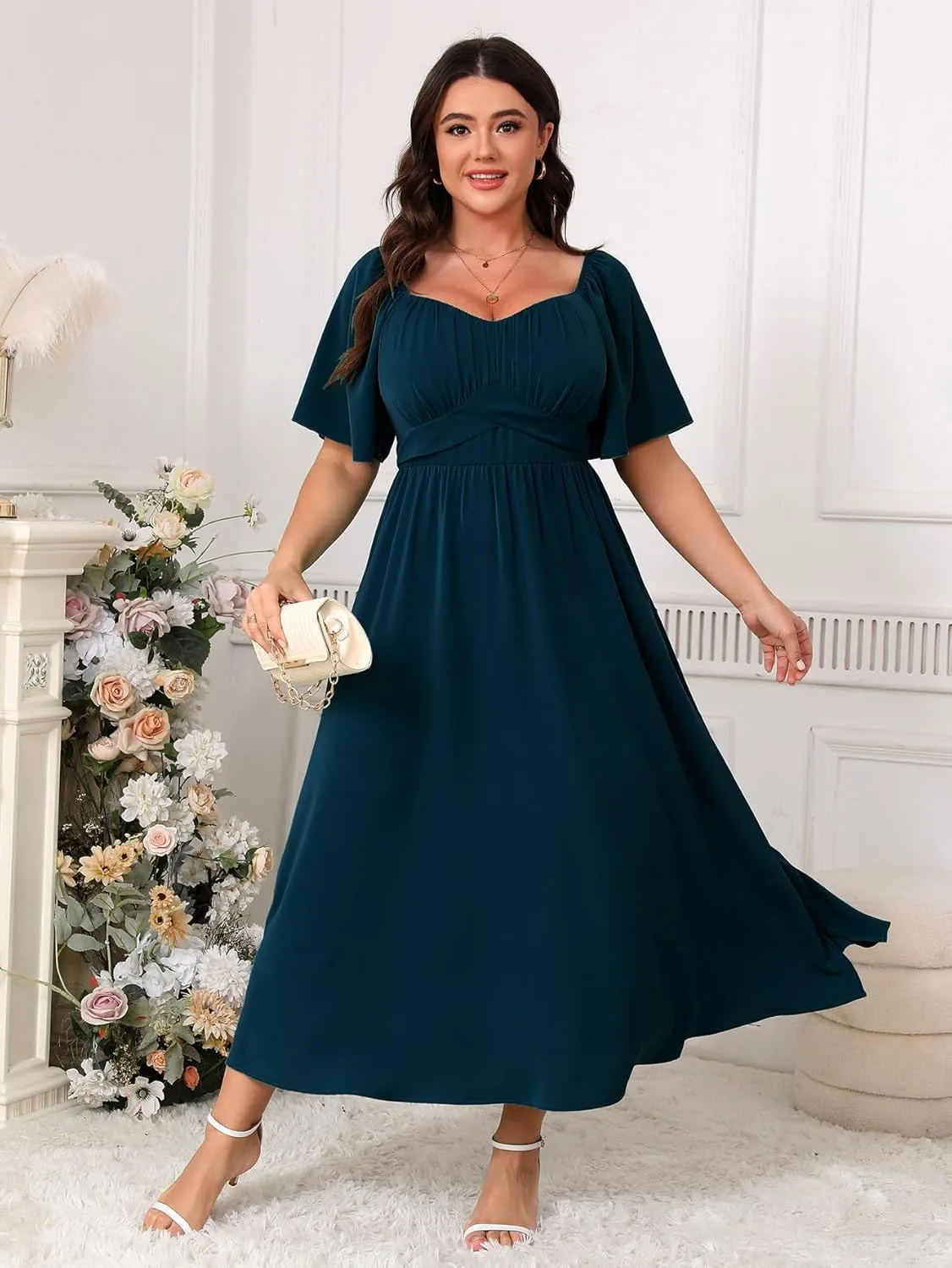 Plus Size Dress Wedding Guest Semi Formal Ruffle Short Sleeve Sweetheart Neckline Slit A Line Flowy Maxi Dresses