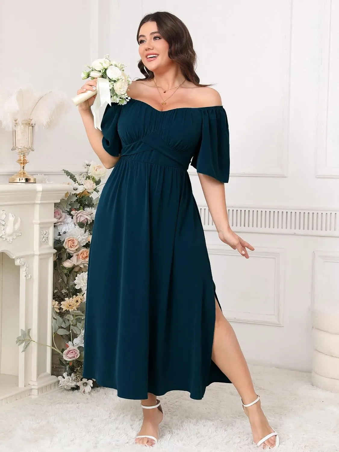 Plus Size Dress Wedding Guest Semi Formal Ruffle Short Sleeve Sweetheart Neckline Slit A Line Flowy Maxi Dresses