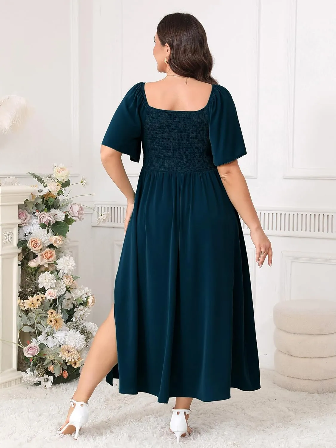 Plus Size Dress Wedding Guest Semi Formal Ruffle Short Sleeve Sweetheart Neckline Slit A Line Flowy Maxi Dresses