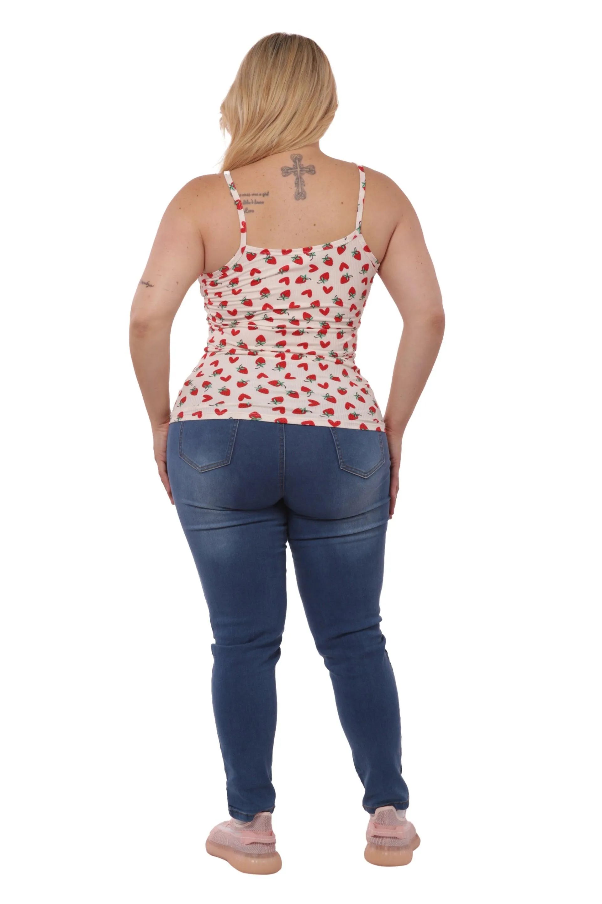 Plus Size Lace-Up Tank Ribbed Tops - Red & White Strawberry Hearts