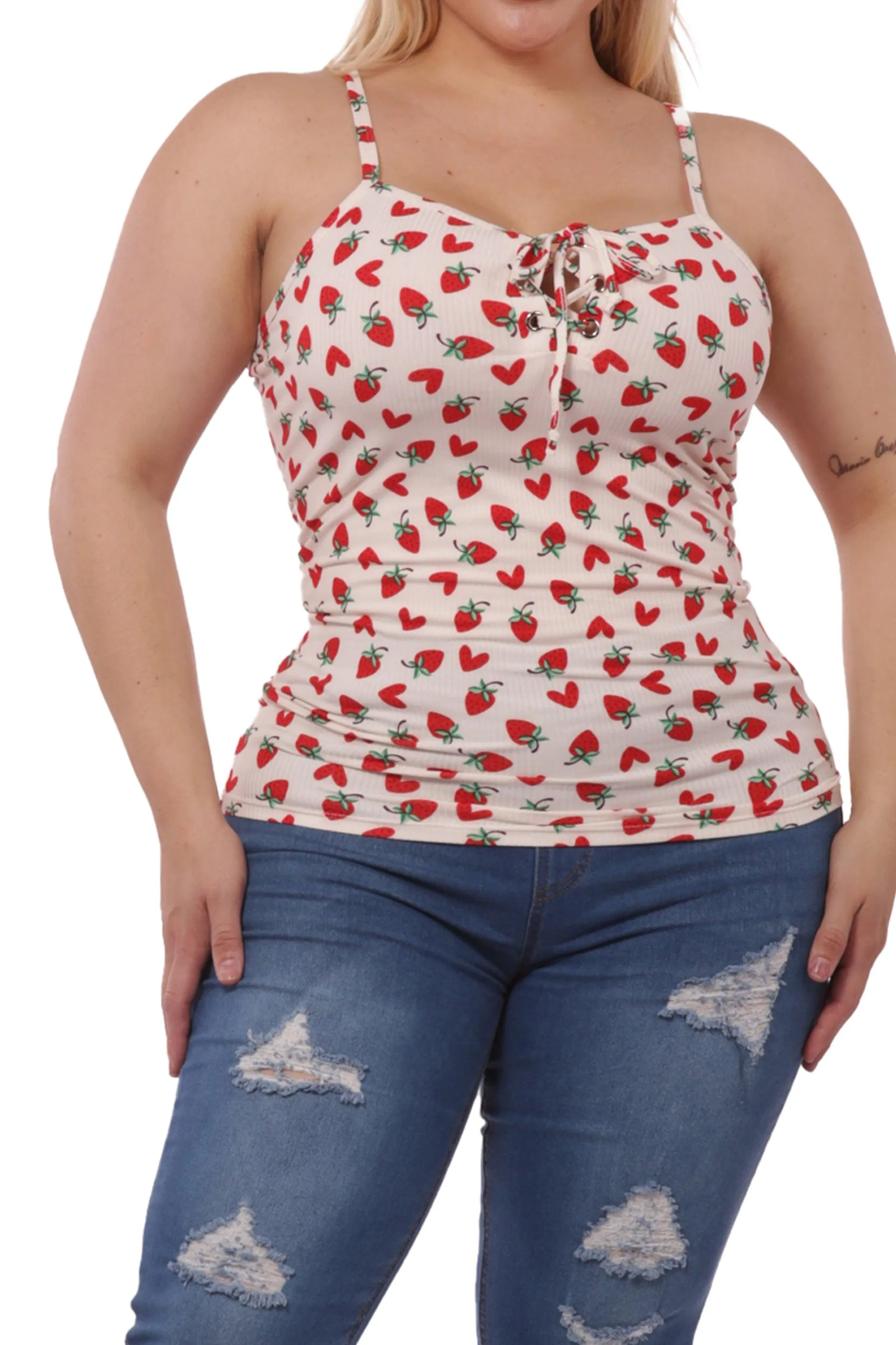 Plus Size Lace-Up Tank Ribbed Tops - Red & White Strawberry Hearts