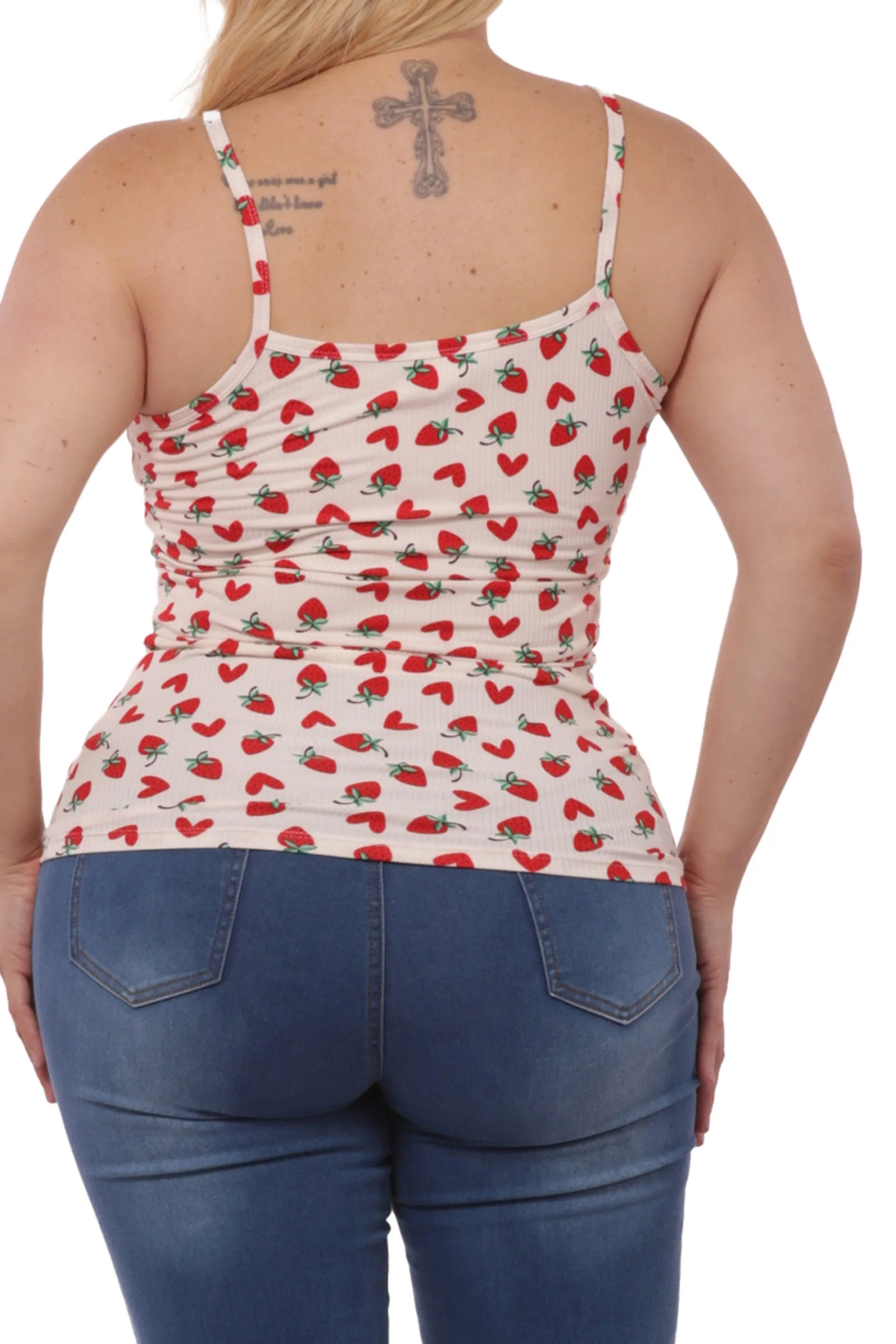 Plus Size Lace-Up Tank Ribbed Tops - Red & White Strawberry Hearts