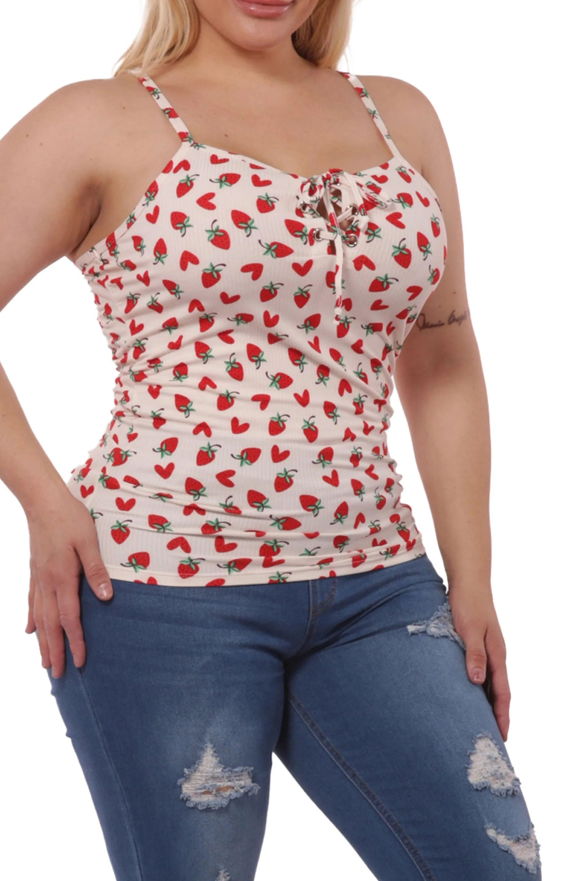 Plus Size Lace-Up Tank Ribbed Tops - Red & White Strawberry Hearts