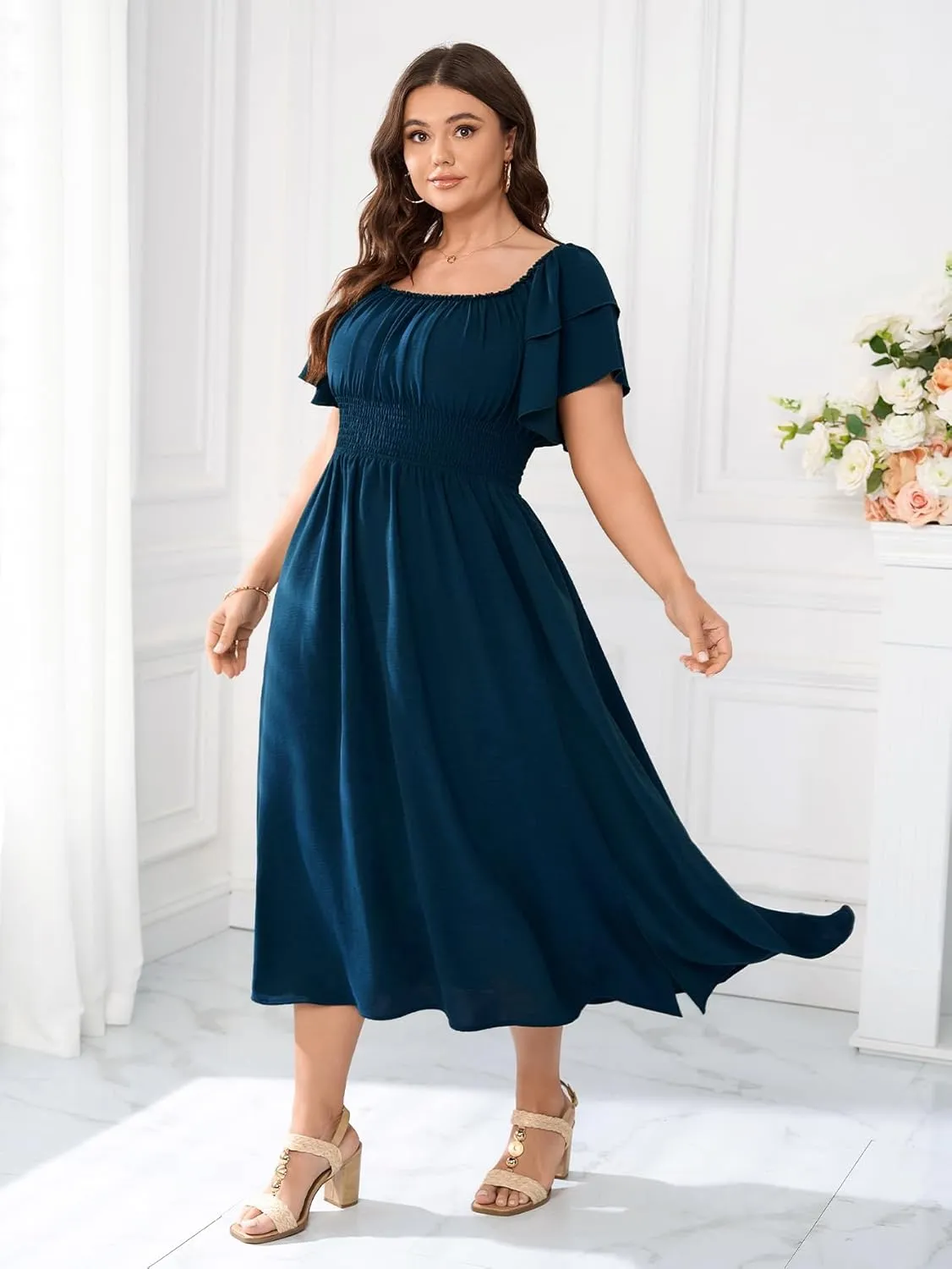 Plus Size Maxi Dress Off The Shoulder Ruffle Smocked Wedding Guest Cocktail Slit Hem Flowy Dresses for Curvy Women