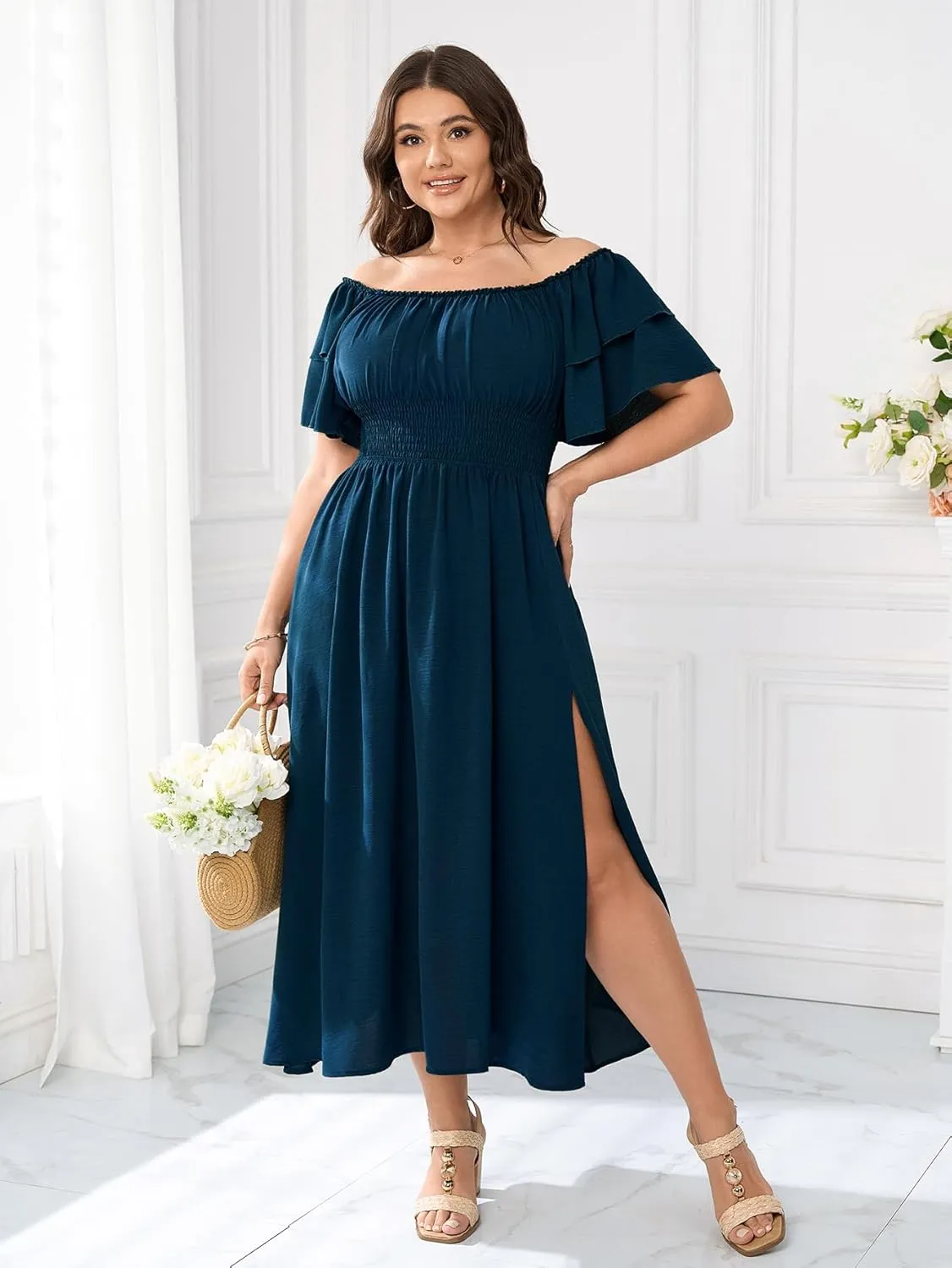 Plus Size Maxi Dress Off The Shoulder Ruffle Smocked Wedding Guest Cocktail Slit Hem Flowy Dresses for Curvy Women