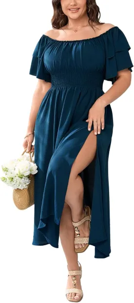 Plus Size Maxi Dress Off The Shoulder Ruffle Smocked Wedding Guest Cocktail Slit Hem Flowy Dresses for Curvy Women