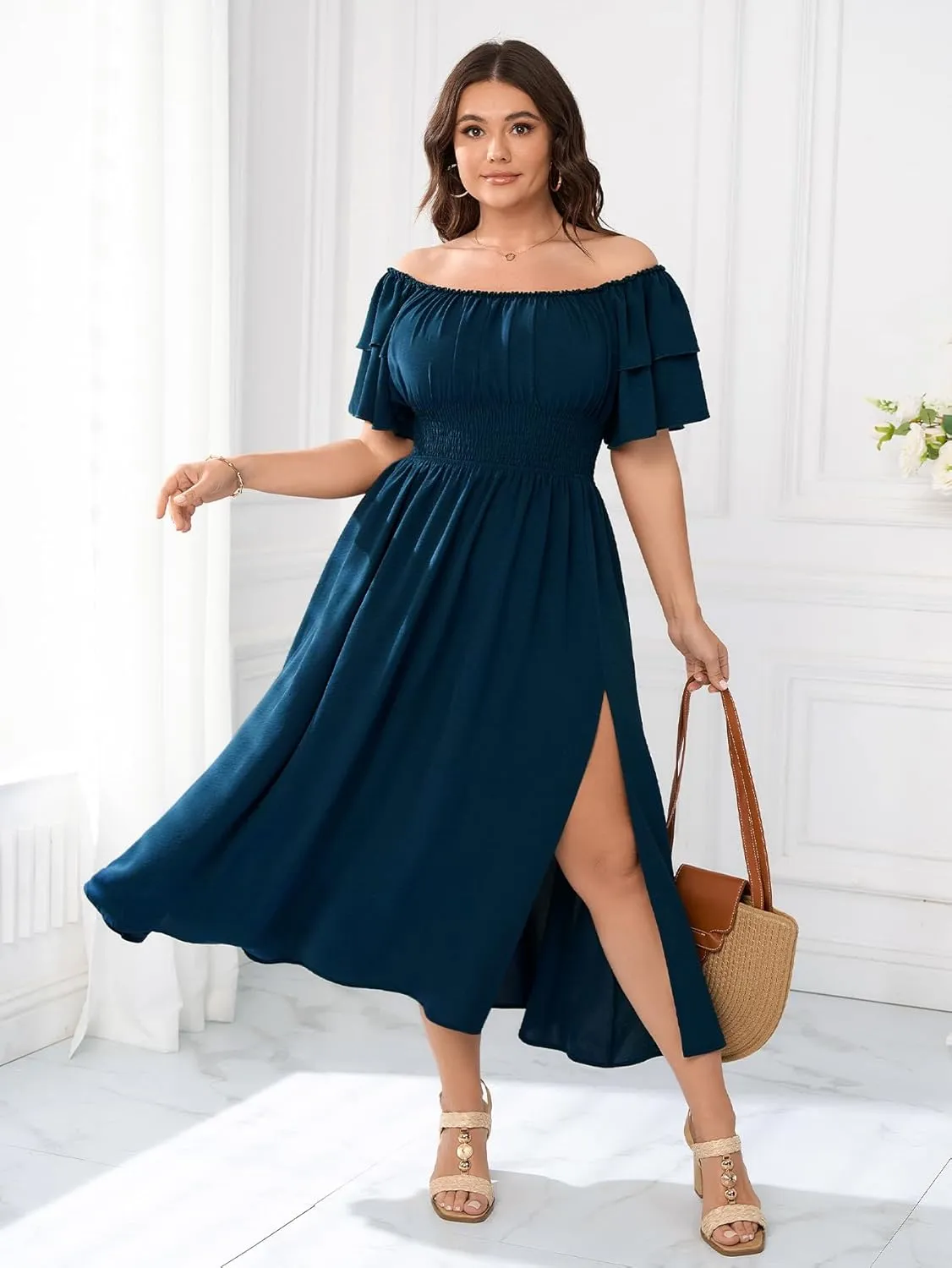 Plus Size Maxi Dress Off The Shoulder Ruffle Smocked Wedding Guest Cocktail Slit Hem Flowy Dresses for Curvy Women