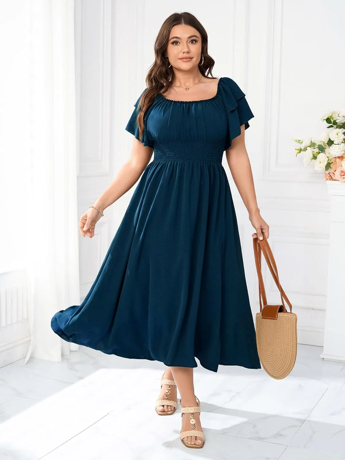 Plus Size Maxi Dress Off The Shoulder Ruffle Smocked Wedding Guest Cocktail Slit Hem Flowy Dresses for Curvy Women