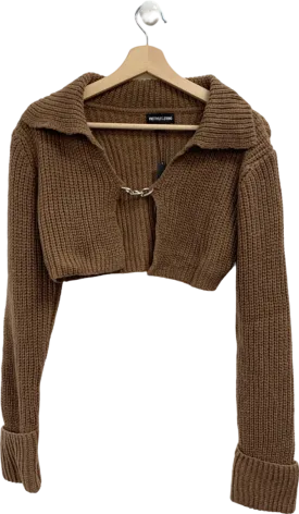 Pretty Little Thing Brown Chunky Knit Chain Cropped Cardigan M UK Size