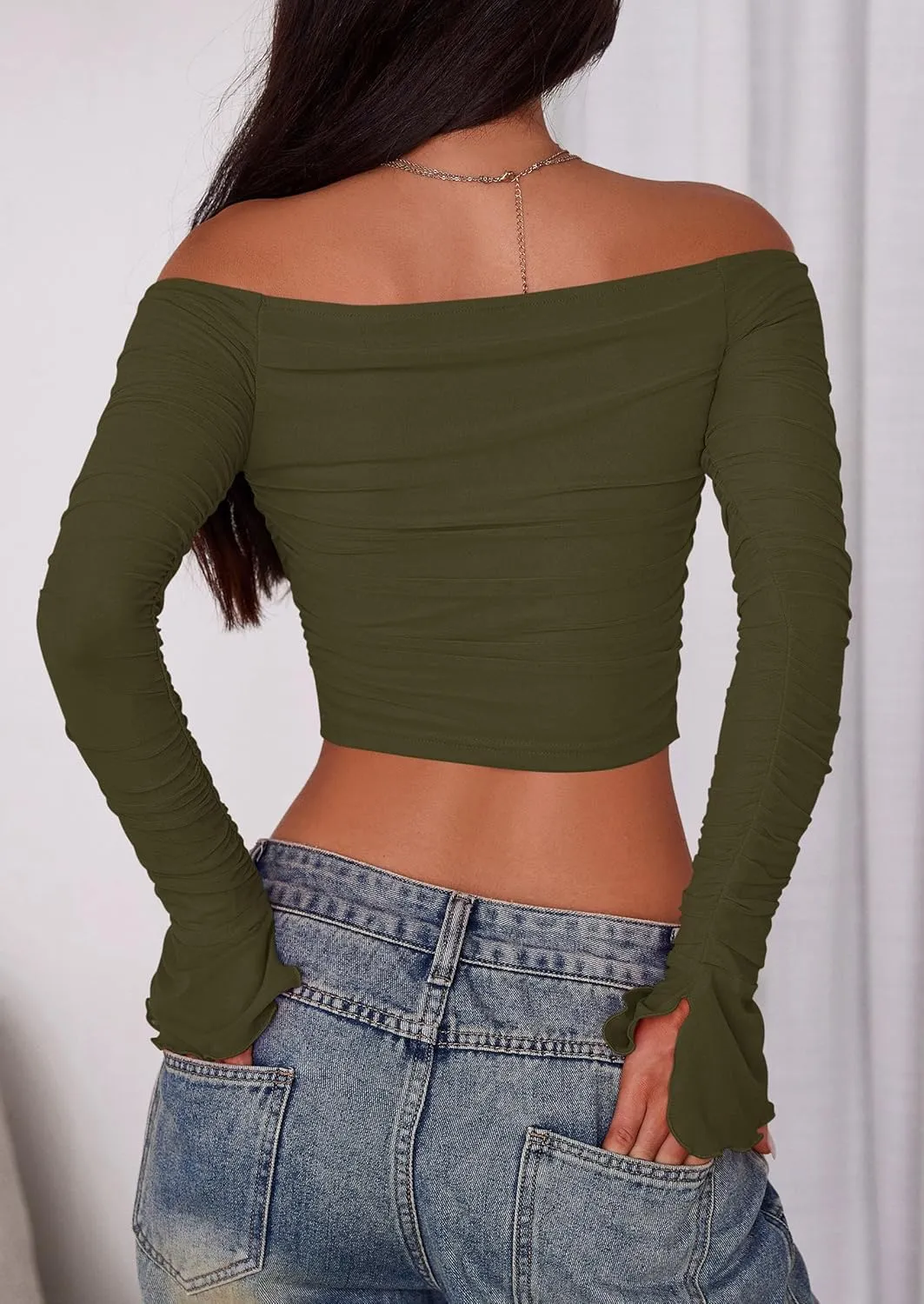 PRETTYGARDEN Womens 2025 Summer Tops Casual Off Shoulder Ruched Mesh Slim Fit Long Sleeve Shirts Going Out Summer Blouses