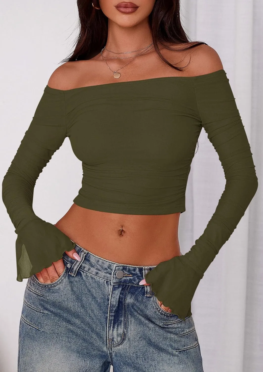 PRETTYGARDEN Womens 2025 Summer Tops Casual Off Shoulder Ruched Mesh Slim Fit Long Sleeve Shirts Going Out Summer Blouses