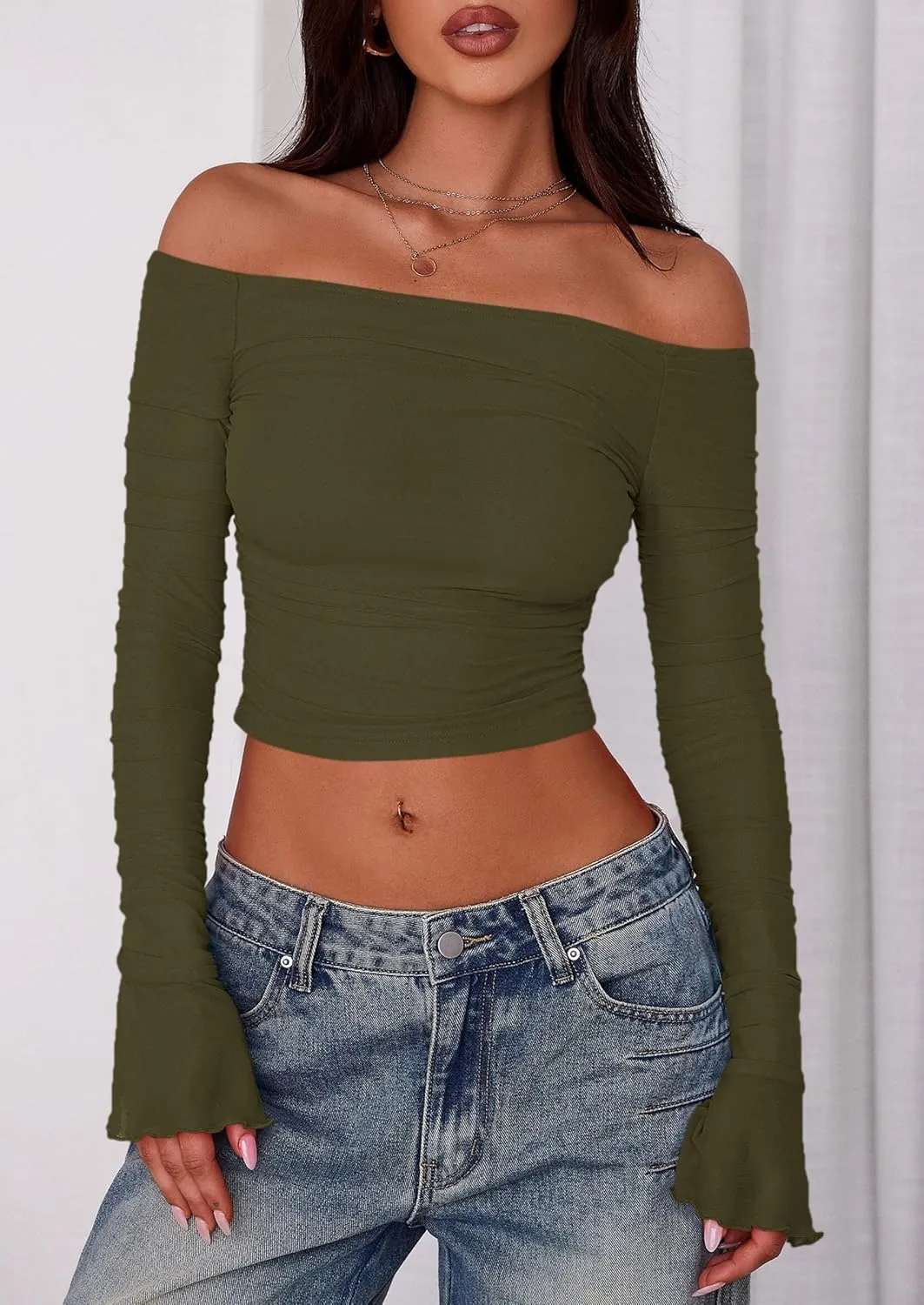 PRETTYGARDEN Womens 2025 Summer Tops Casual Off Shoulder Ruched Mesh Slim Fit Long Sleeve Shirts Going Out Summer Blouses