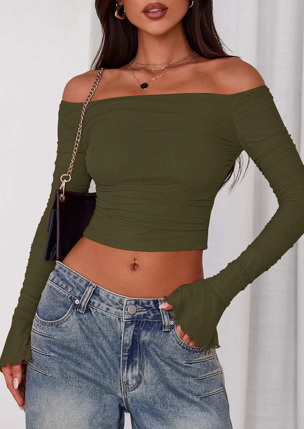 PRETTYGARDEN Womens 2025 Summer Tops Casual Off Shoulder Ruched Mesh Slim Fit Long Sleeve Shirts Going Out Summer Blouses