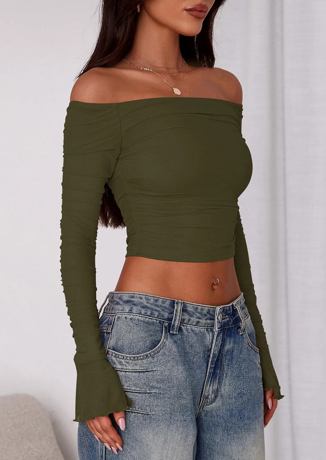 PRETTYGARDEN Womens 2025 Summer Tops Casual Off Shoulder Ruched Mesh Slim Fit Long Sleeve Shirts Going Out Summer Blouses
