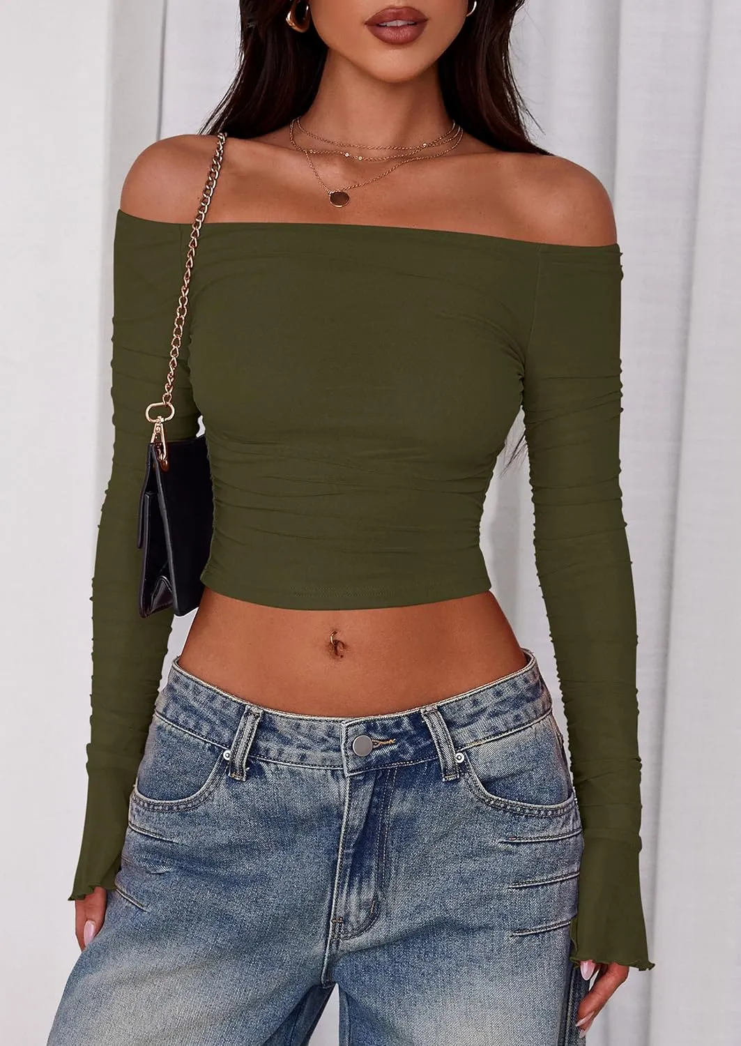 PRETTYGARDEN Womens 2025 Summer Tops Casual Off Shoulder Ruched Mesh Slim Fit Long Sleeve Shirts Going Out Summer Blouses