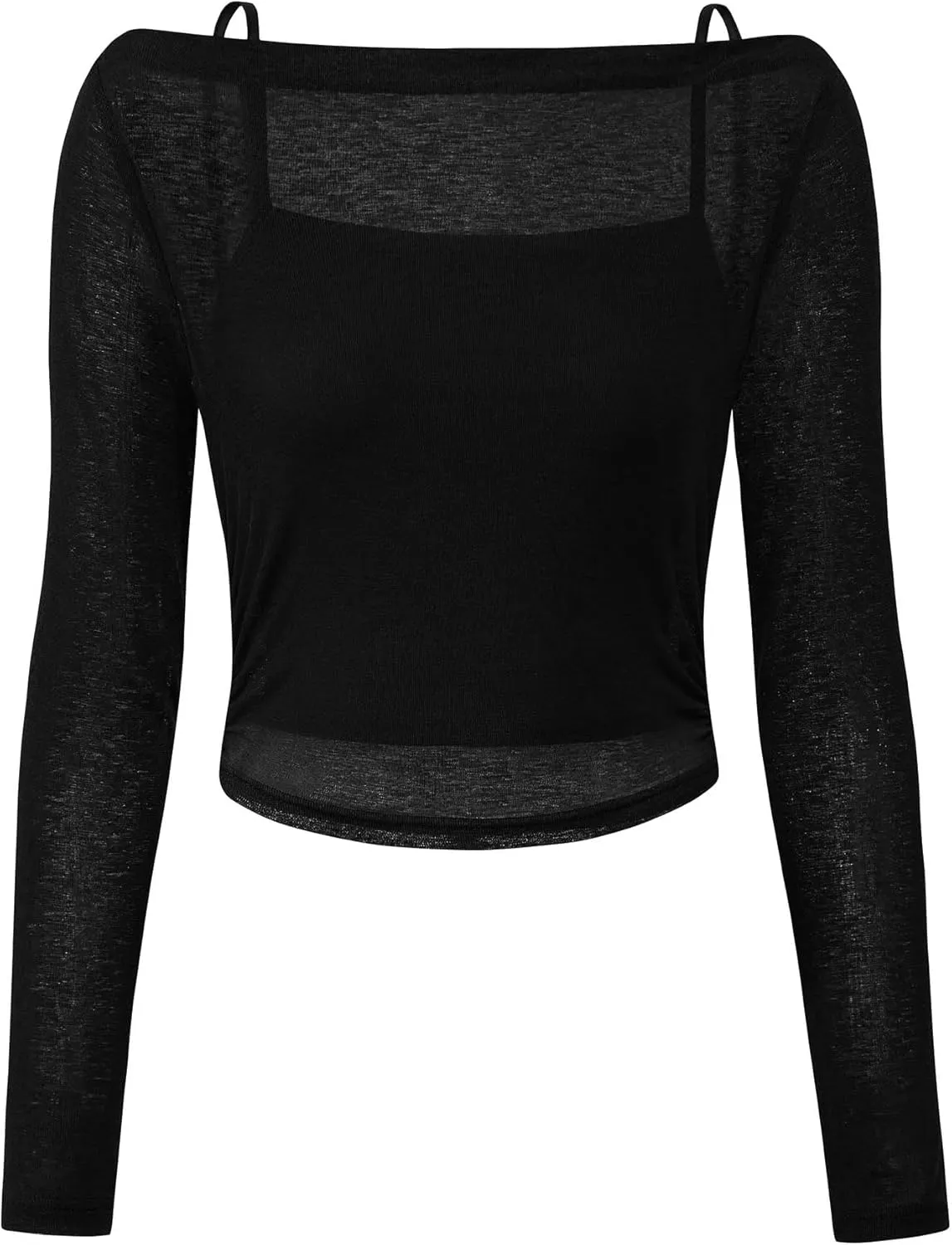 PRETTYGARDEN Women's Long Sleeve Sheer Crop Tops Boat Neck See Through Cover Up with Spaghetti Strap Camisole 2 Piece Blouses