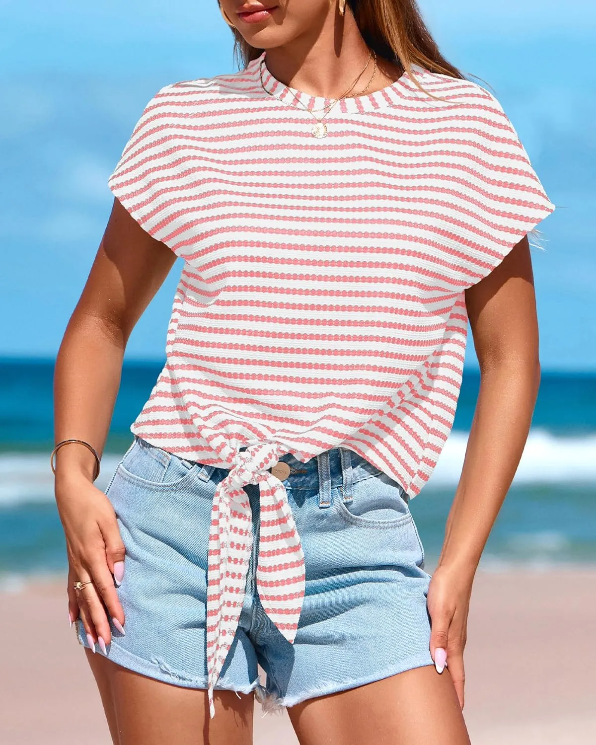 PRETTYGARDEN Womens Tops 2025 Cute Summer Cap Sleeve Crewneck Tie Knot Striped Shirts Casual Loose Blouses Knit Crop Top
