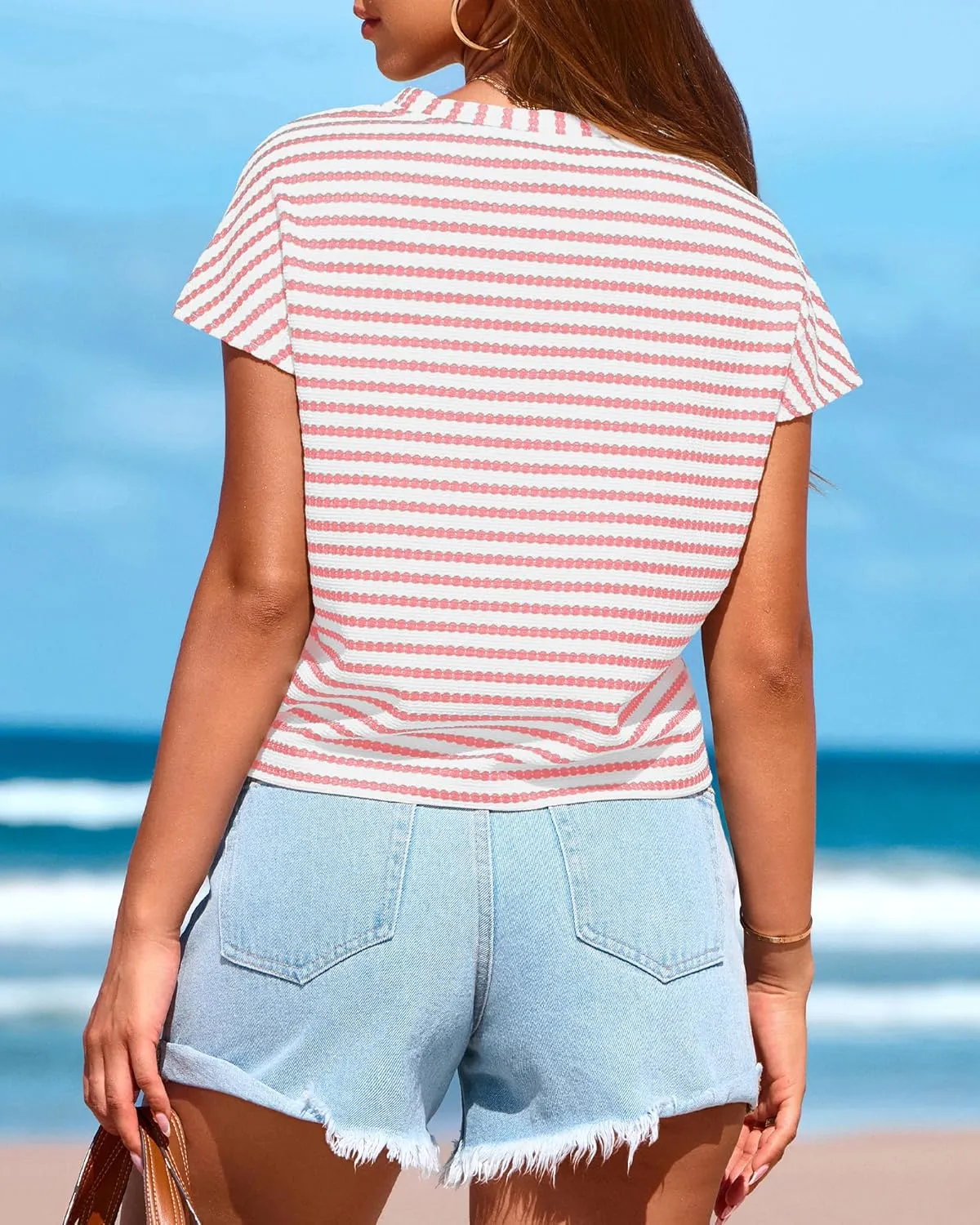 PRETTYGARDEN Womens Tops 2025 Cute Summer Cap Sleeve Crewneck Tie Knot Striped Shirts Casual Loose Blouses Knit Crop Top