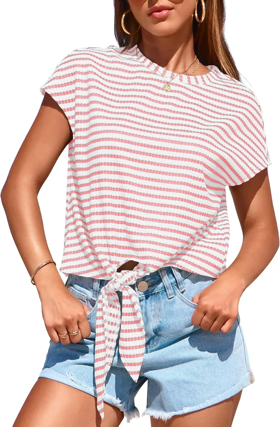 PRETTYGARDEN Womens Tops 2025 Cute Summer Cap Sleeve Crewneck Tie Knot Striped Shirts Casual Loose Blouses Knit Crop Top