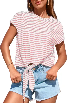 PRETTYGARDEN Womens Tops 2025 Cute Summer Cap Sleeve Crewneck Tie Knot Striped Shirts Casual Loose Blouses Knit Crop Top