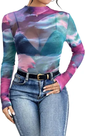 Remidoo Womens Sexy Sheer Mesh Long Sleeve Tops Round Neck Fitted T Shirt