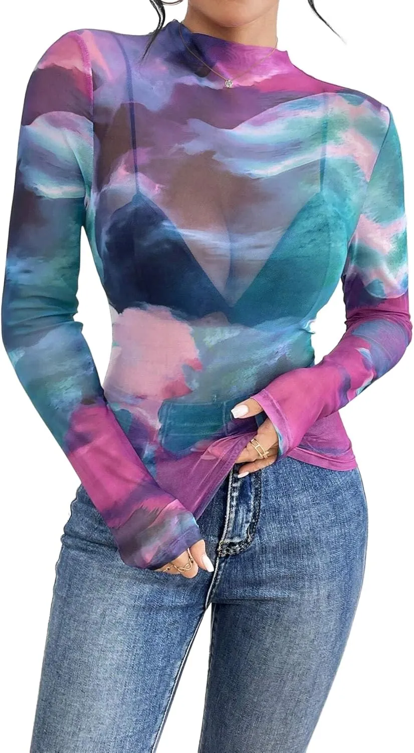 Remidoo Womens Sexy Sheer Mesh Long Sleeve Tops Round Neck Fitted T Shirt