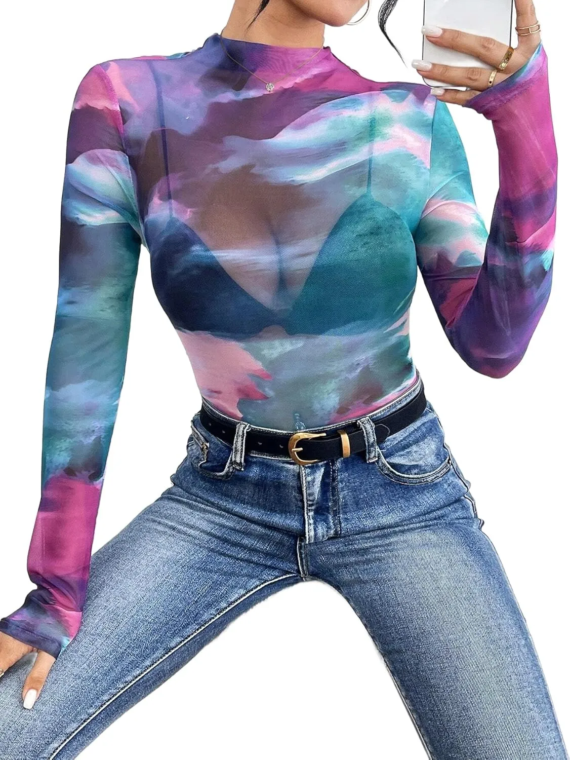 Remidoo Womens Sexy Sheer Mesh Long Sleeve Tops Round Neck Fitted T Shirt