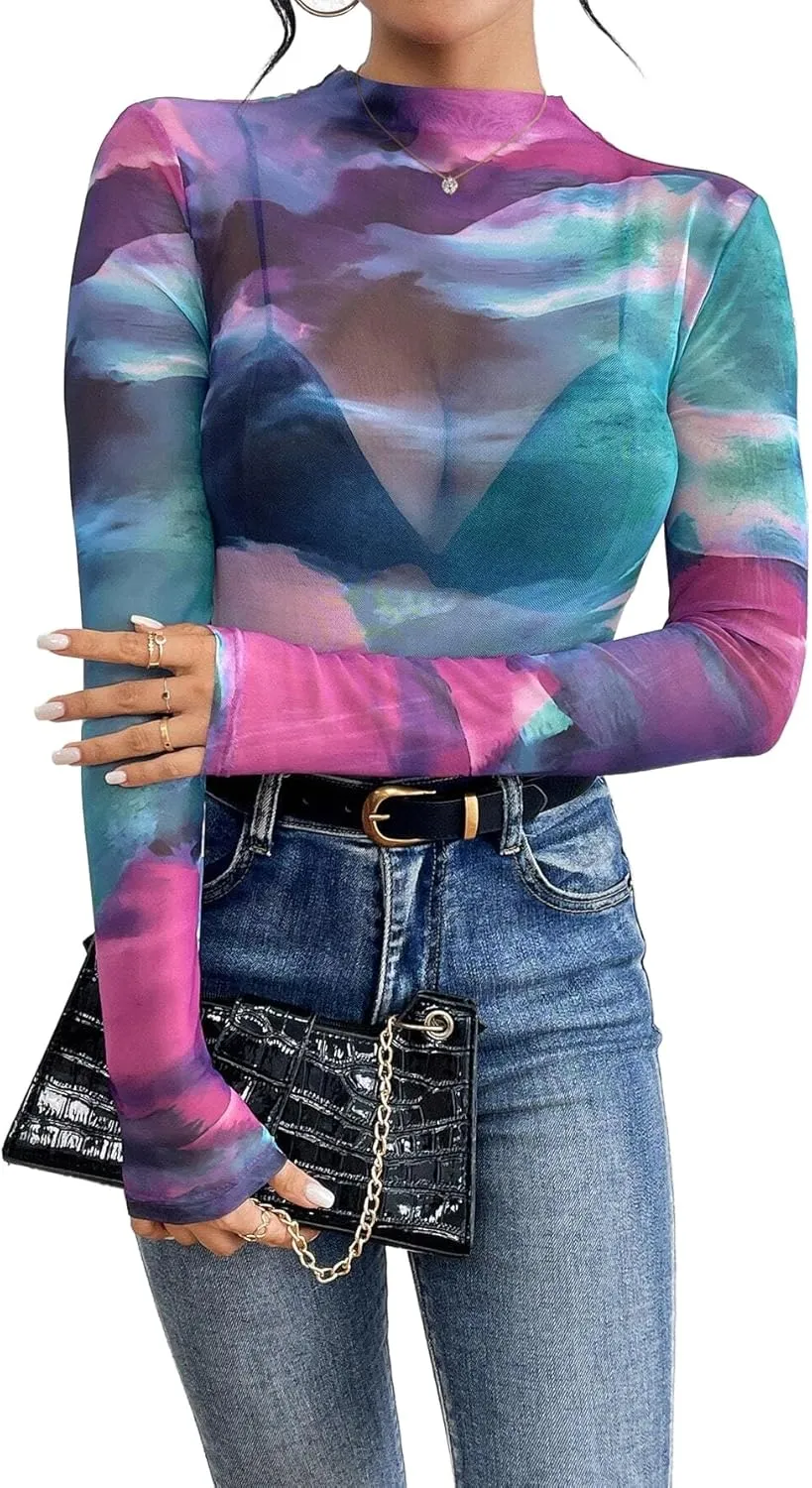 Remidoo Womens Sexy Sheer Mesh Long Sleeve Tops Round Neck Fitted T Shirt