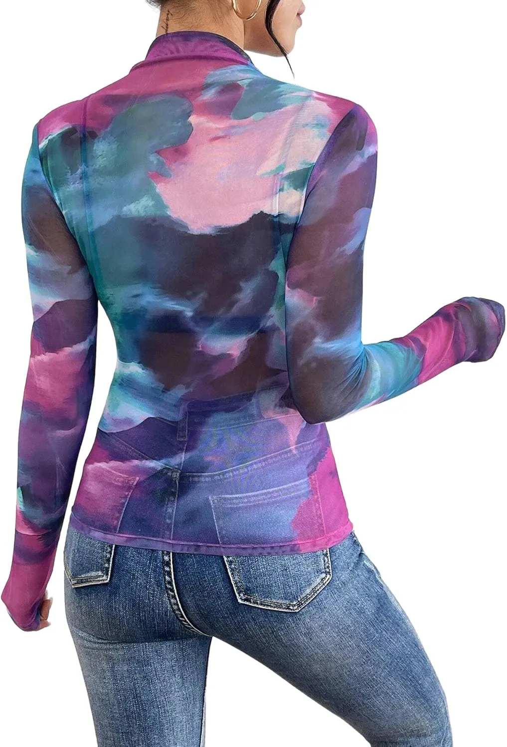 Remidoo Womens Sexy Sheer Mesh Long Sleeve Tops Round Neck Fitted T Shirt