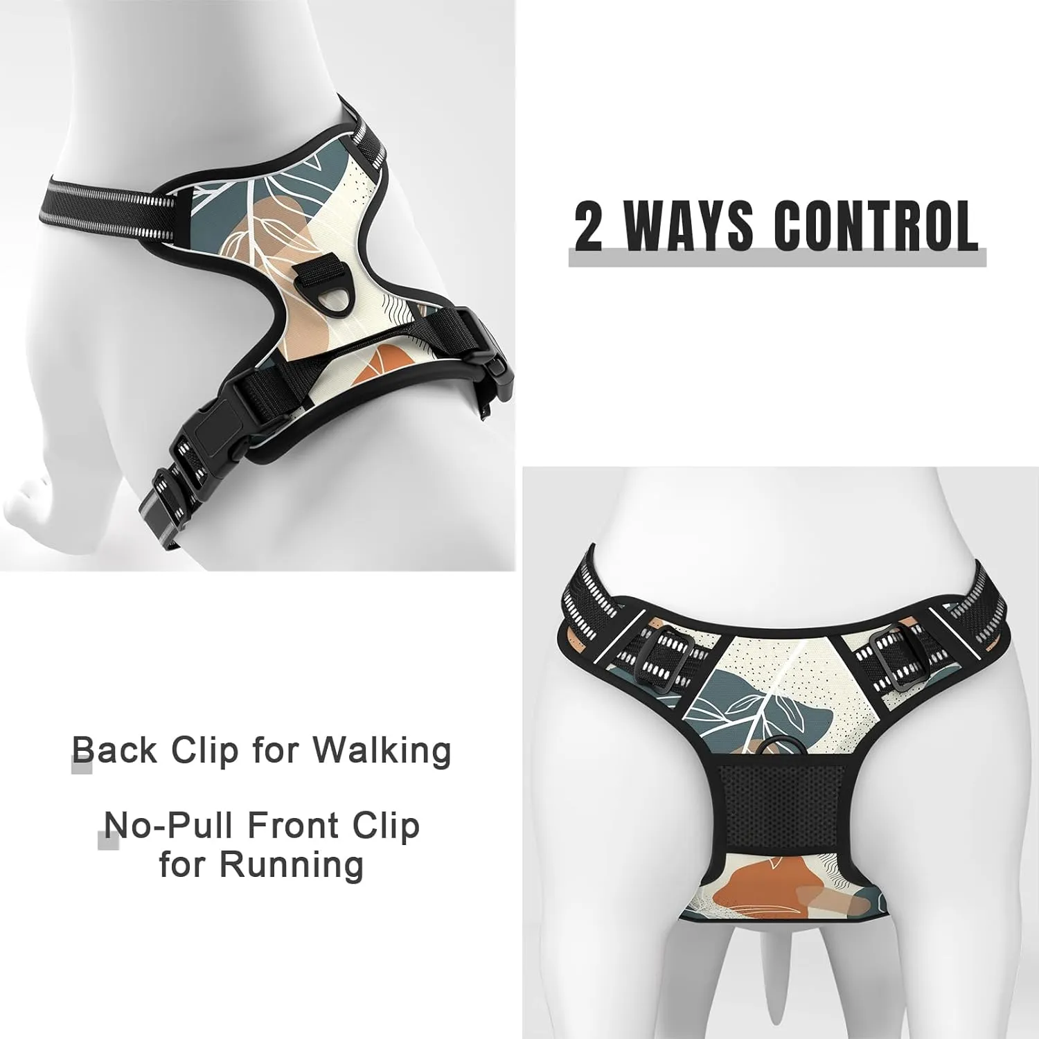 Rnivvi No Pull Dog Harness, Cute Boho Reflective Medium Sized Puppy Kitten Harness, Adjustable Soft Padded Vest for Medium Dogs, Heavy Duty Pet Vest with Easy Control Handle for Walking, Leaves
