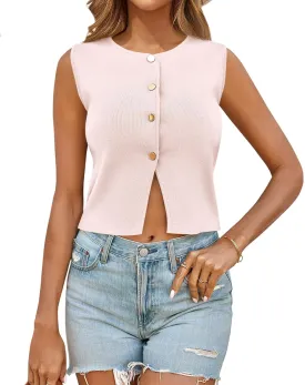 Saodimallsu Womens Sleeveless Cropped Sweater Vest Summer Trendy Knit Crop Tank Tops Crewneck Button Y2K Going Out Top
