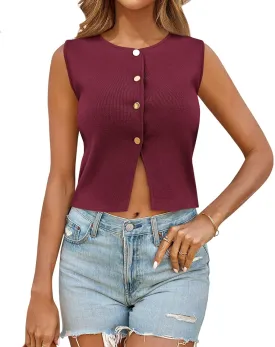Saodimallsu Womens Sleeveless Cropped Sweater Vest Summer Trendy Knit Crop Tank Tops Crewneck Button Y2K Going Out Top