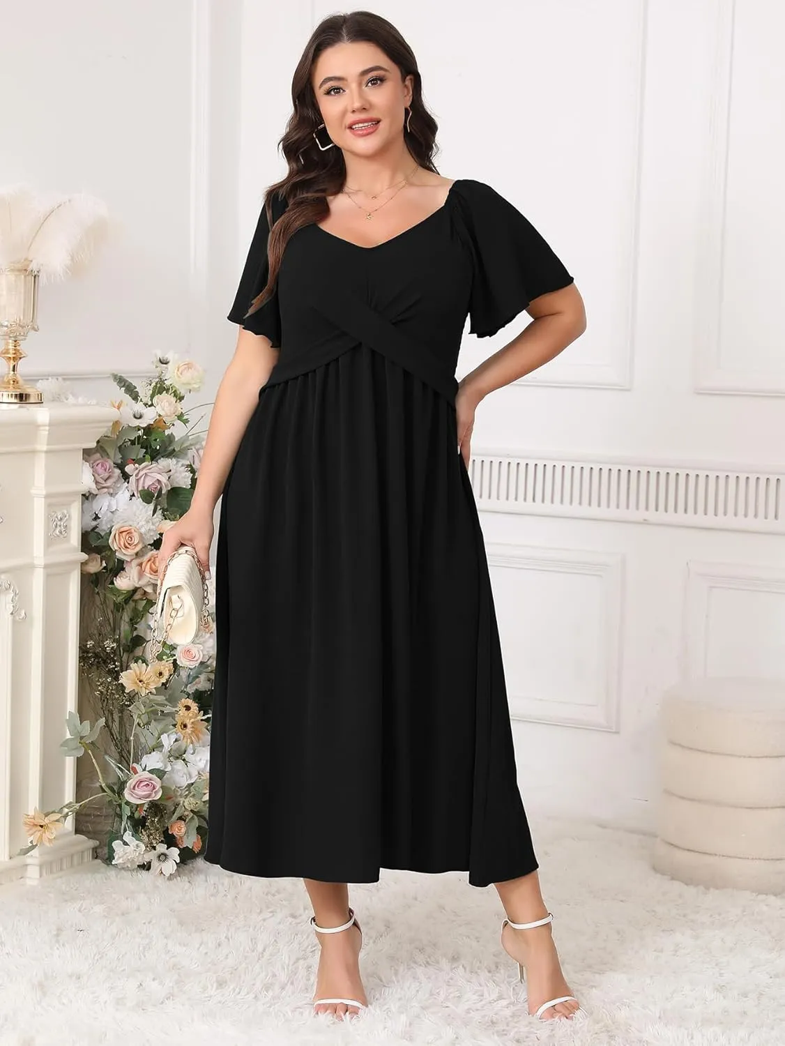 SCOMCHIC Women Plus Size Midi Dresses Short Sleeve V Neck Twist Front Summer Wedding Guest Smocked Flowy A Line Dress