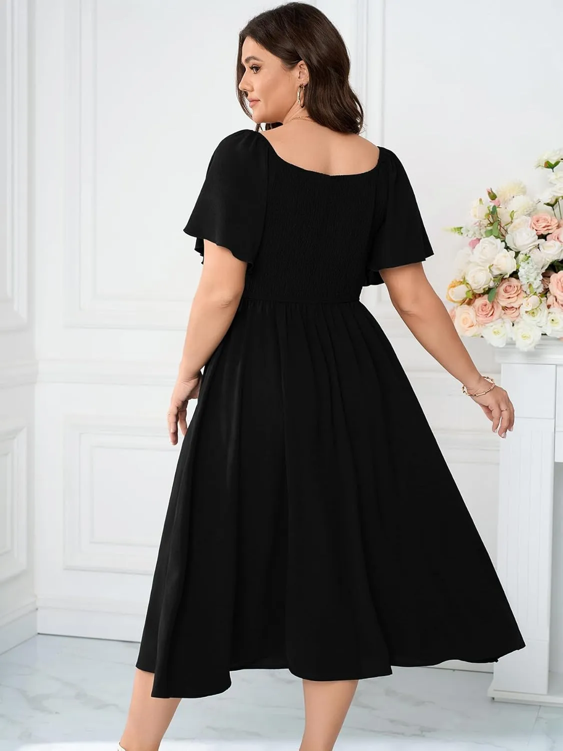 SCOMCHIC Women Plus Size Midi Dresses Short Sleeve V Neck Twist Front Summer Wedding Guest Smocked Flowy A Line Dress