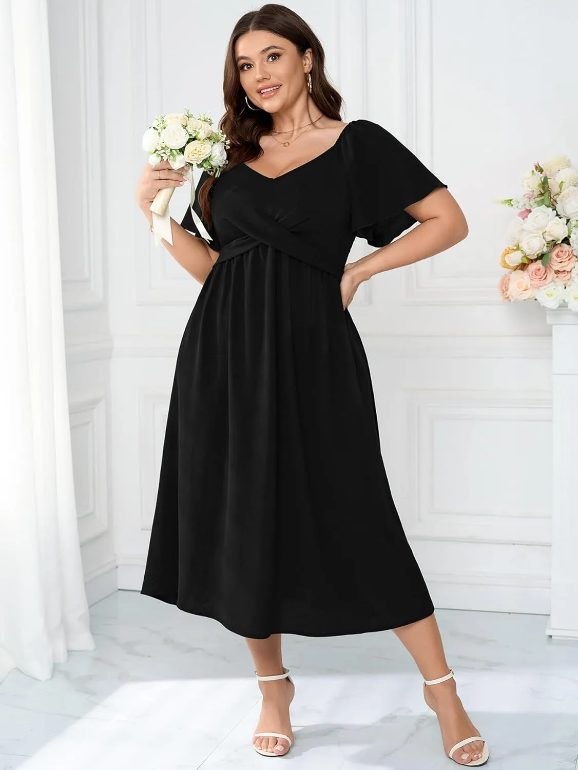 SCOMCHIC Women Plus Size Midi Dresses Short Sleeve V Neck Twist Front Summer Wedding Guest Smocked Flowy A Line Dress
