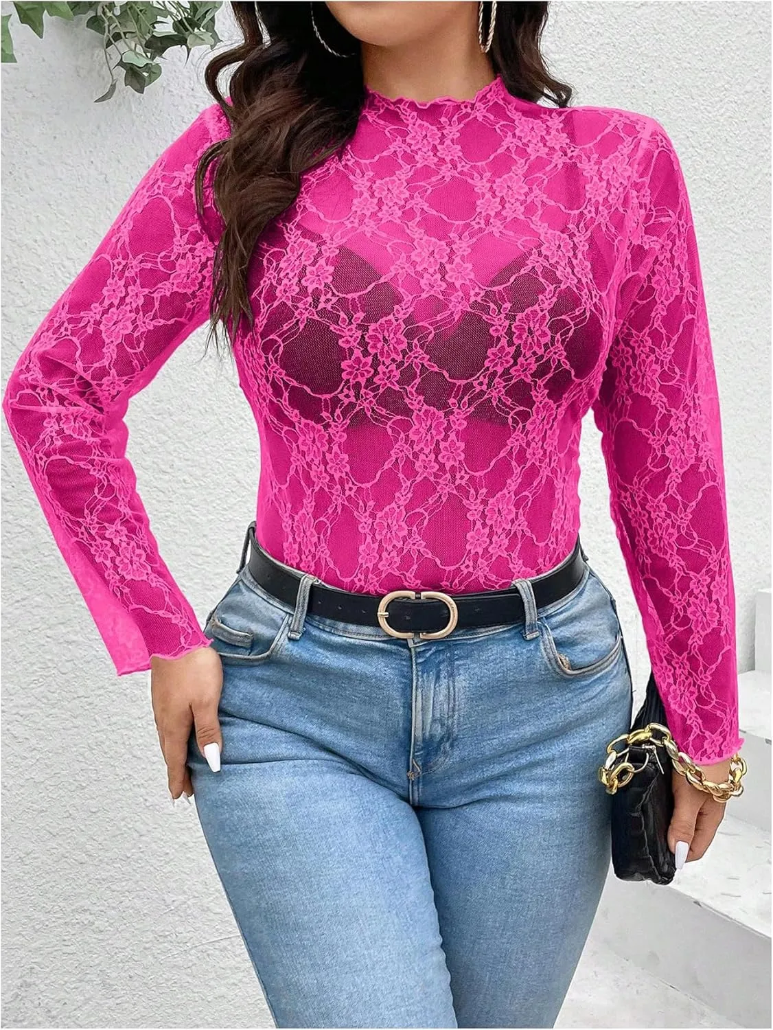 SHENHE Women's Plus Size Floral Lace Mesh Long Sleeve Sheer See Through Crop Top Sexy Blouse Rave Festival