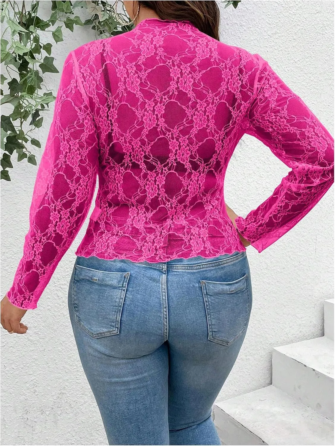 SHENHE Women's Plus Size Floral Lace Mesh Long Sleeve Sheer See Through Crop Top Sexy Blouse Rave Festival