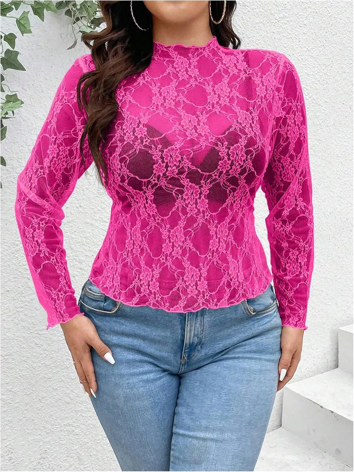 SHENHE Women's Plus Size Floral Lace Mesh Long Sleeve Sheer See Through Crop Top Sexy Blouse Rave Festival