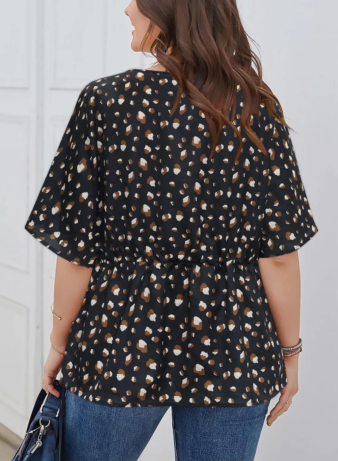 SKISS Women's Plus Size Short Bell Sleeve V Neck Wrap Blouse