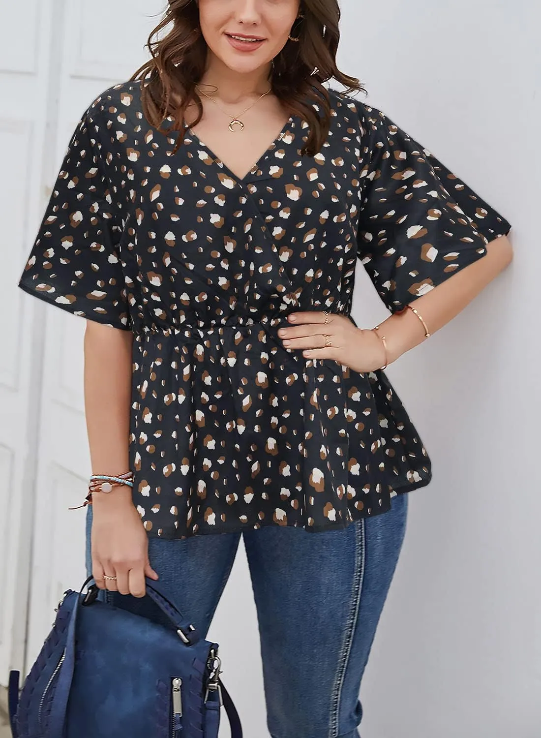 SKISS Women's Plus Size Short Bell Sleeve V Neck Wrap Blouse