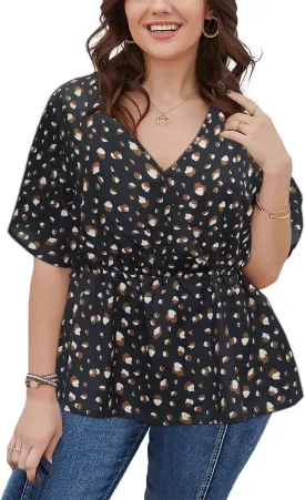 SKISS Women's Plus Size Short Bell Sleeve V Neck Wrap Blouse