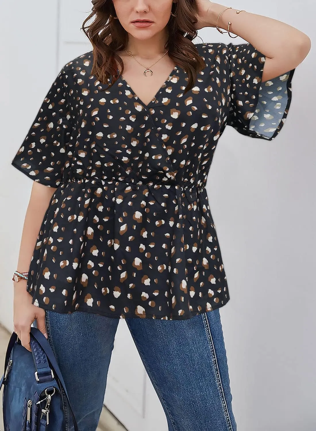 SKISS Women's Plus Size Short Bell Sleeve V Neck Wrap Blouse
