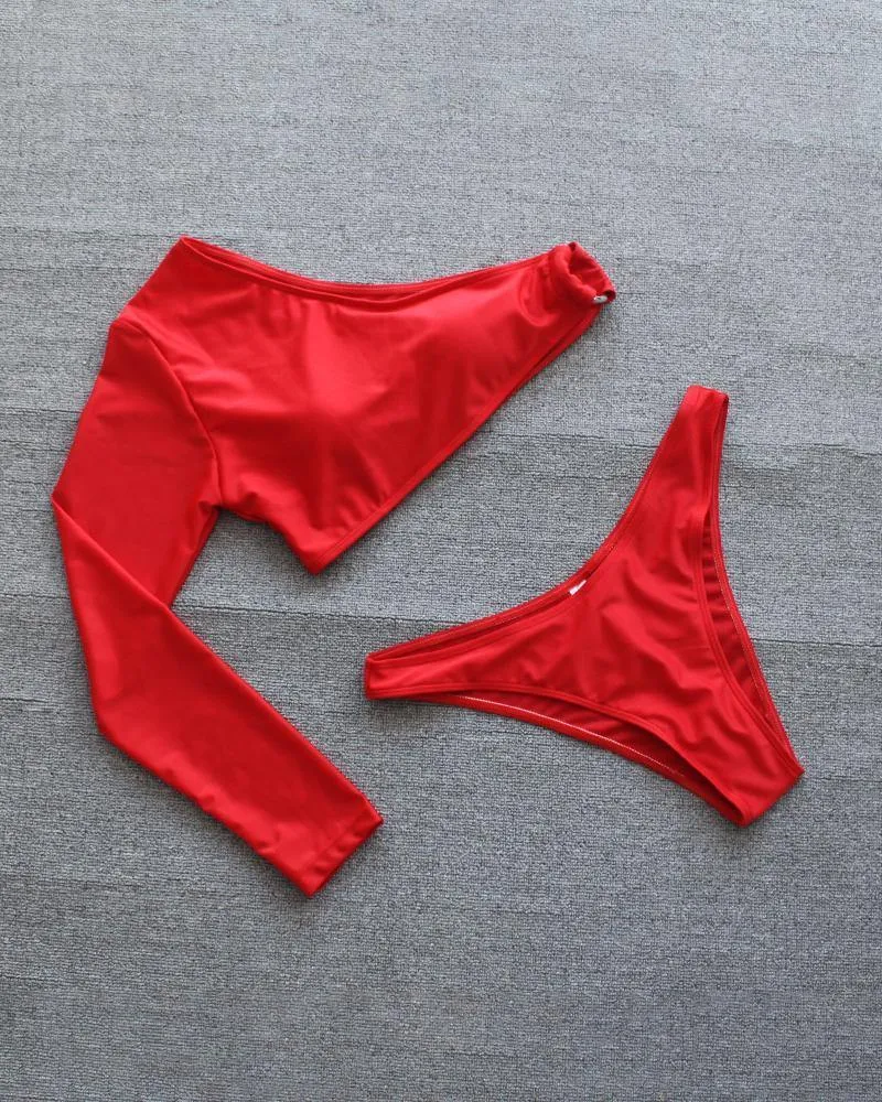 Solid Long Sleeve One Shoulder Skinny Cropped Tops With Panties Bikini Sets