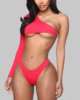 Solid Long Sleeve One Shoulder Skinny Cropped Tops With Panties Bikini Sets