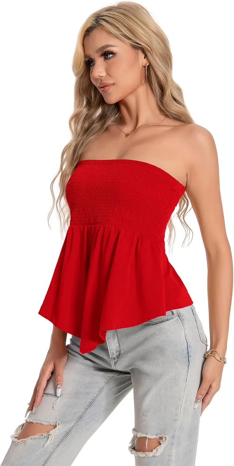 TAIPOVE Tube Tops for Women Smocked Summer Strapless Bandeau Shirts Ruffle Hem Cute Crop Peplum Trendy Going Out Outfit